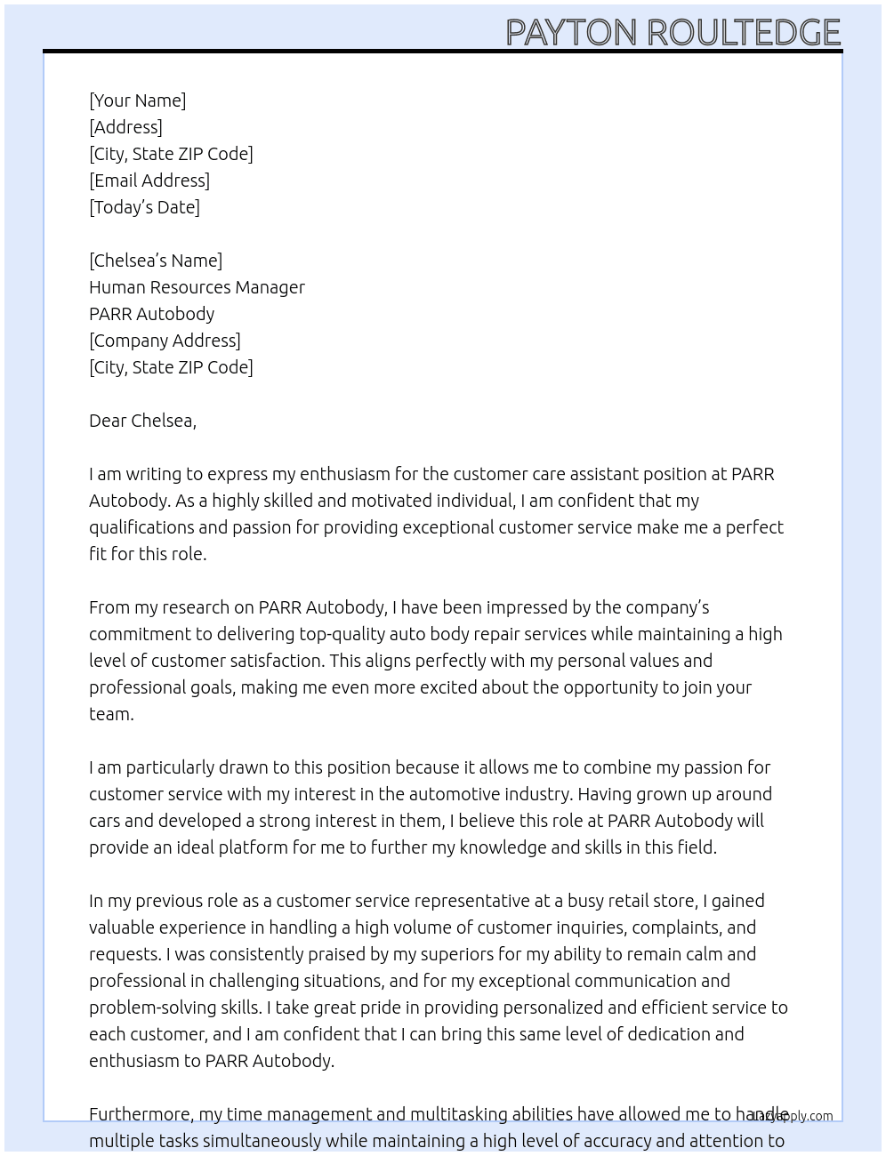 customer care assistant At PARR autobody Cover Letter