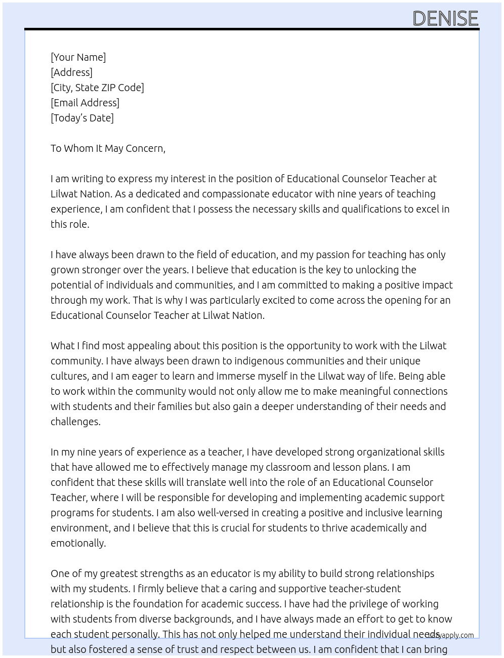 Educational consellor teacher At Lilwat Nation Cover Letter