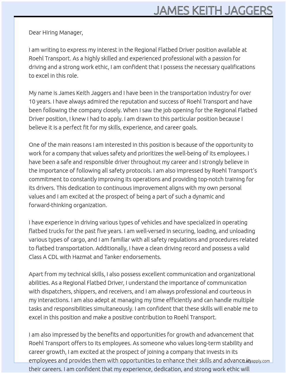 Regional flatbed driver At Roehl Transport  Cover Letter