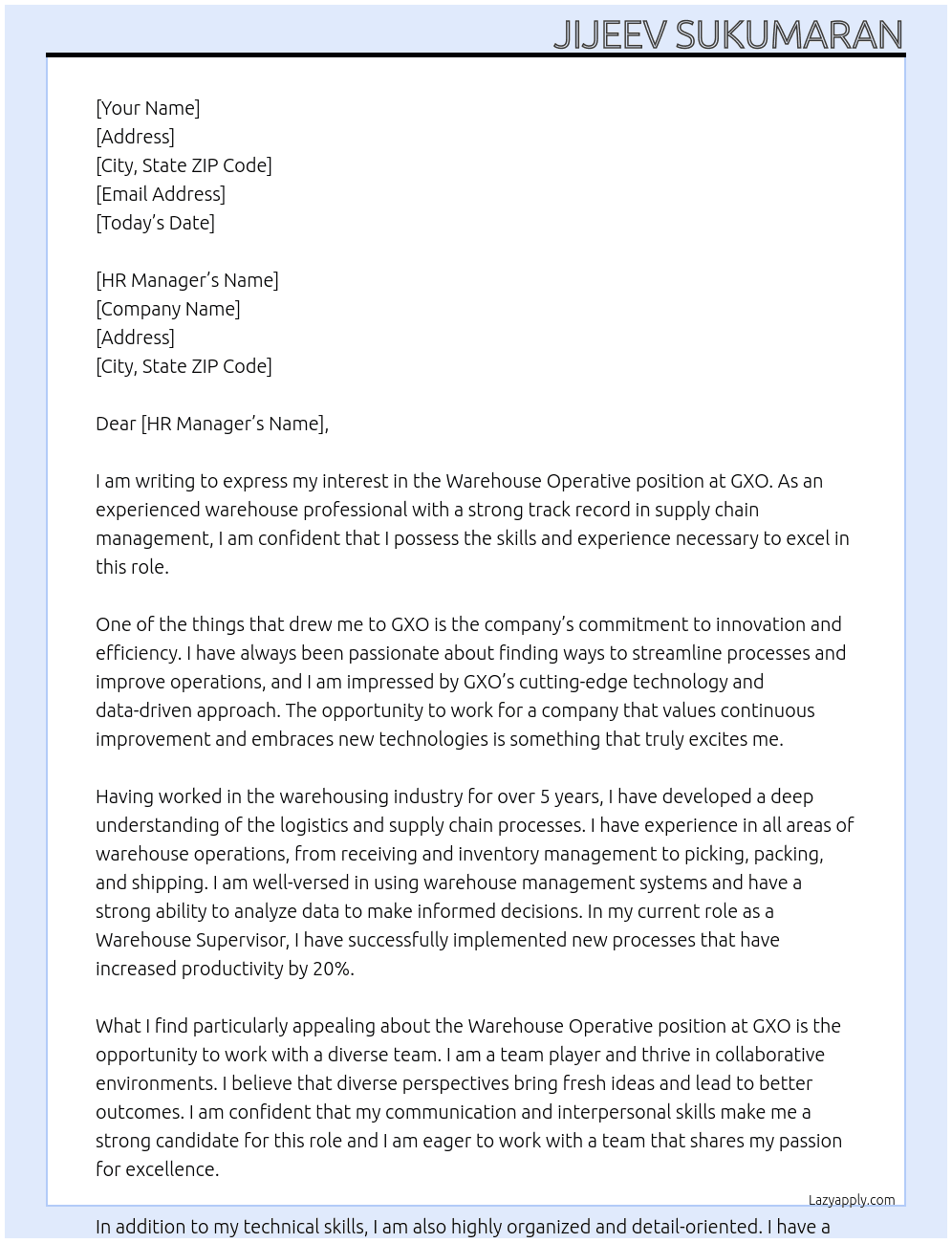 warehouse operative At gxo Cover Letter