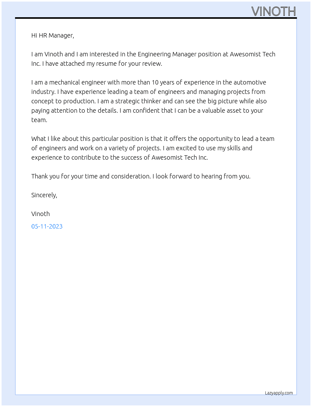 Engineering Manager At Awesomist Tech Inc Cover Letter