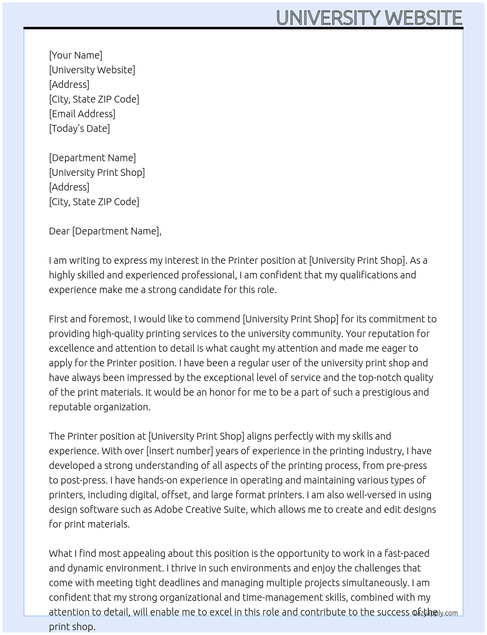 Printer At University Print Shop Cover Letter