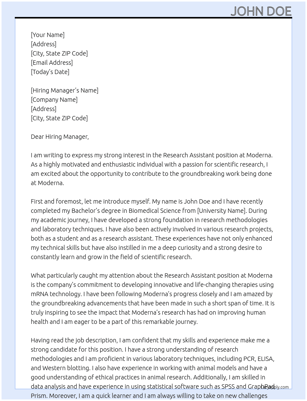 Research Assistant At Moderna Cover Letter