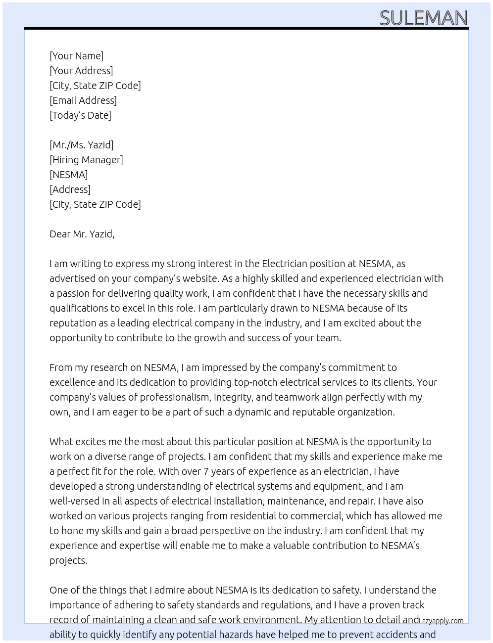 Electrician At NESMA Cover Letter