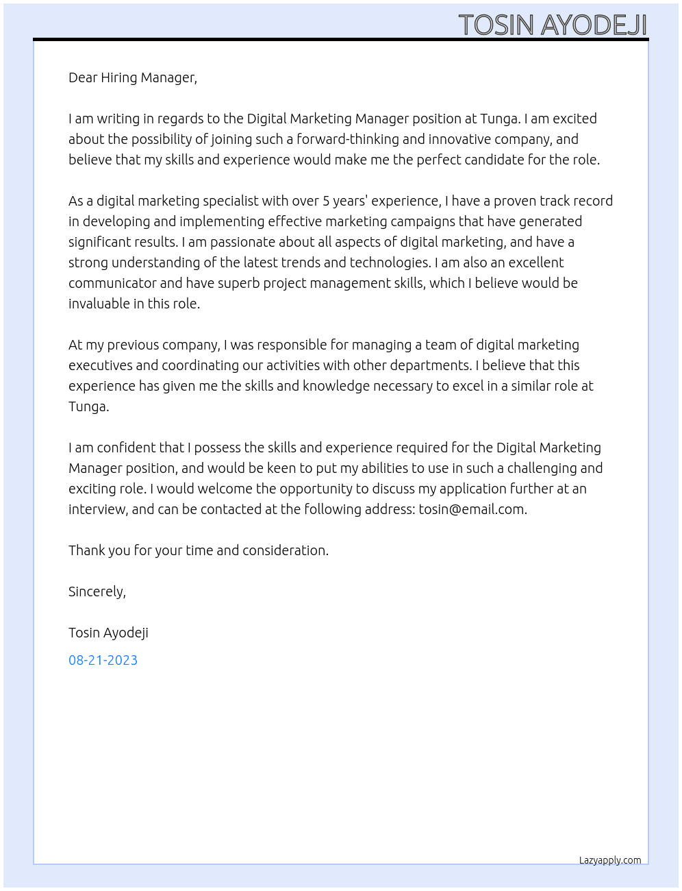 Digital Marketing Manager At Tunga Cover Letter