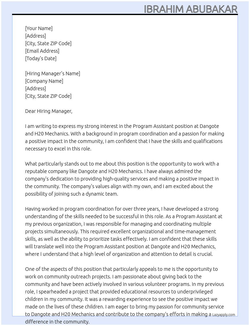 Program Assistant  At Dangote and H20 Mechanics Cover Letter