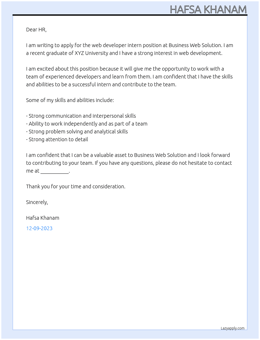 web Developer intern At Business Web Solution Cover Letter