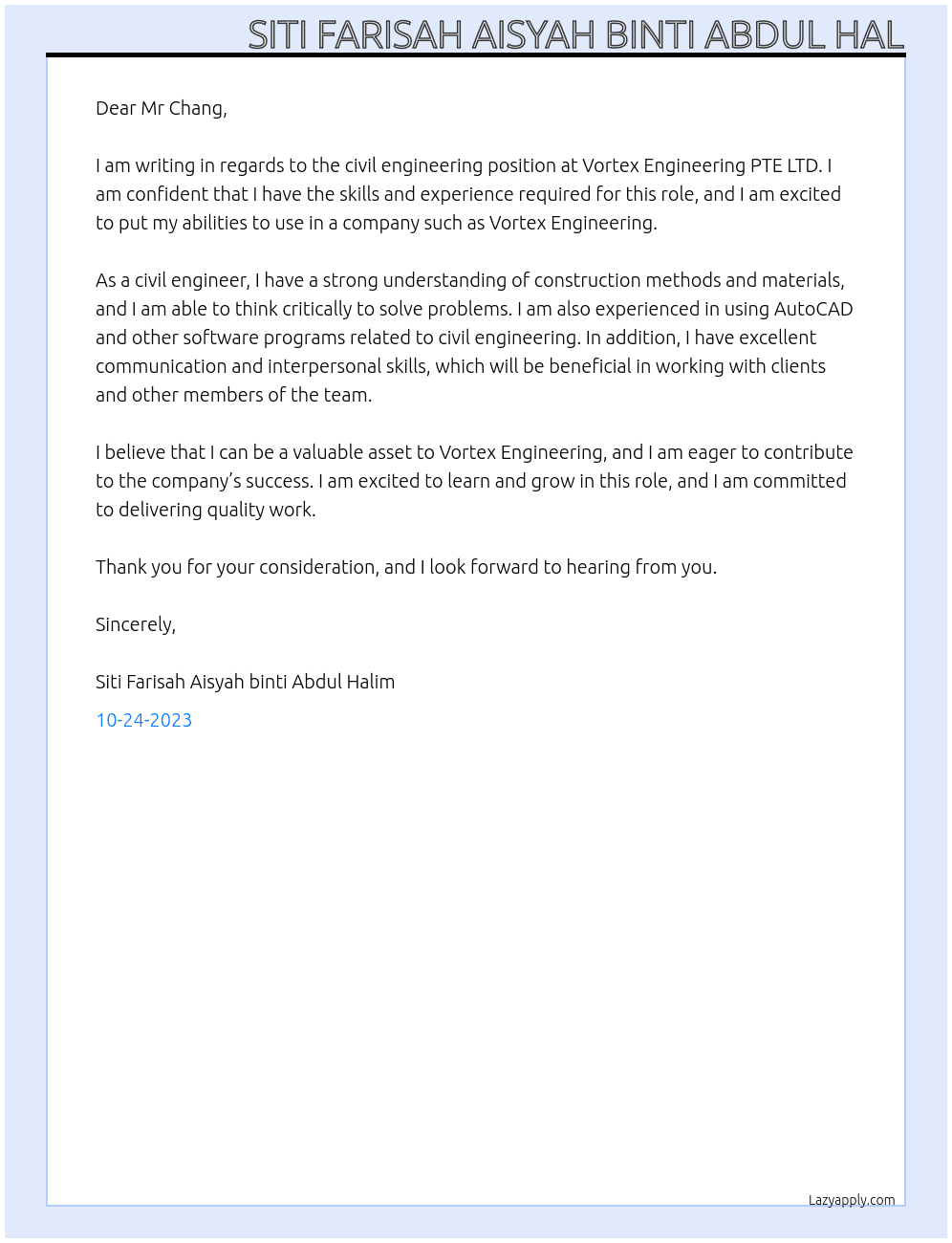 civil engineering At Vortex Engineering PTE LTD Cover Letter