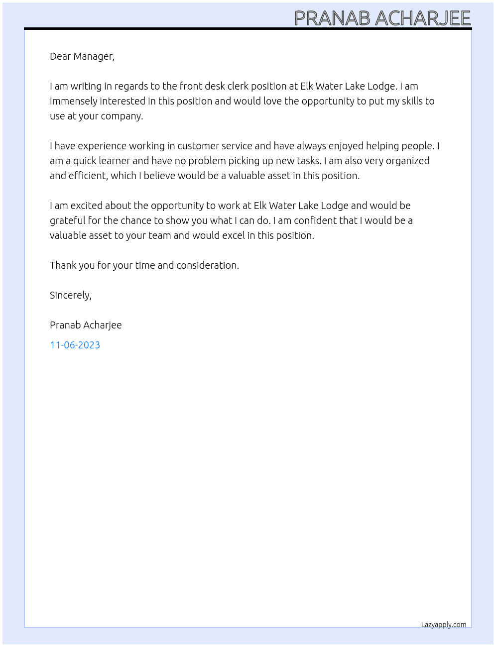 front desk clerk At elk water lake lodge Cover Letter
