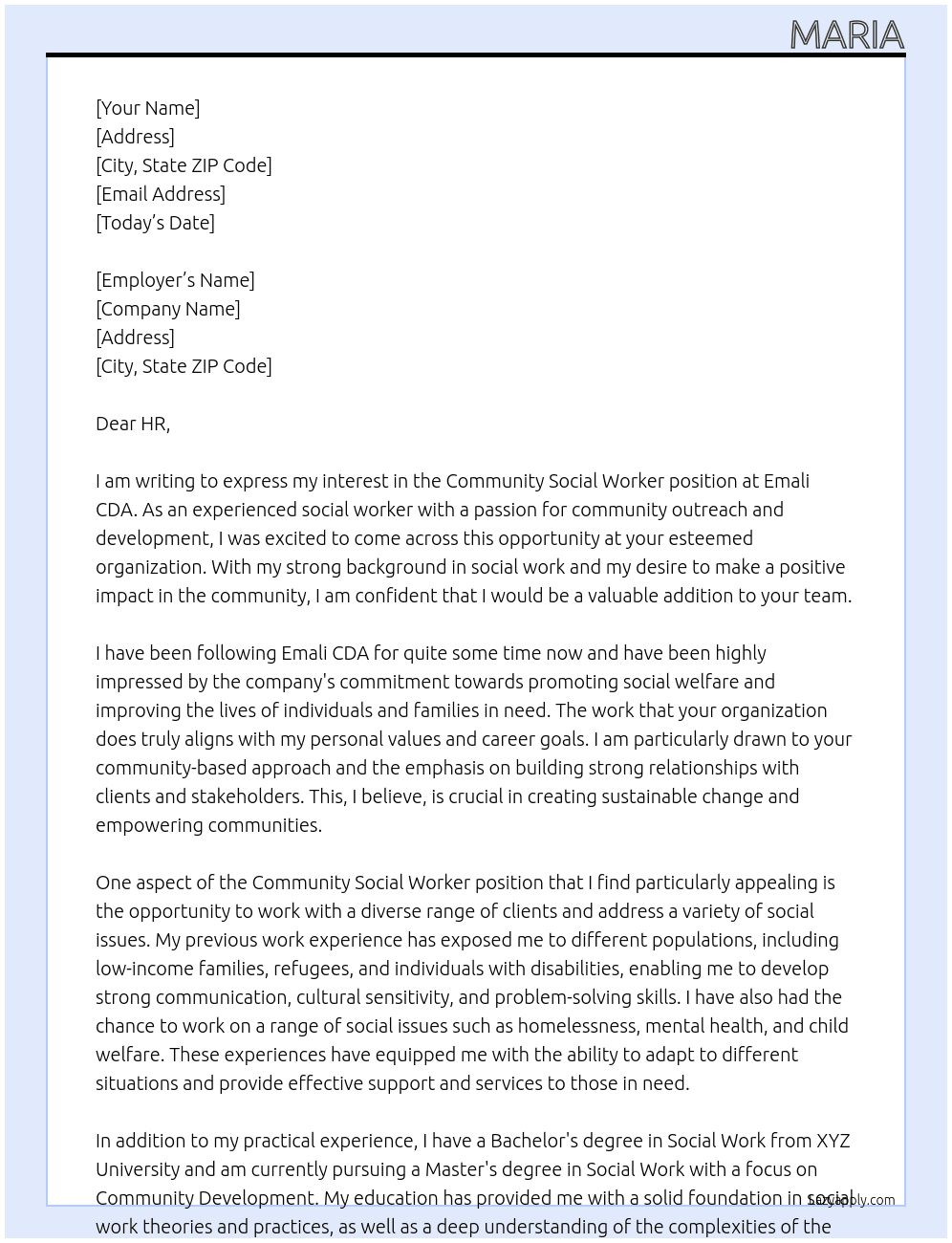 community social worker At emali cda Cover Letter