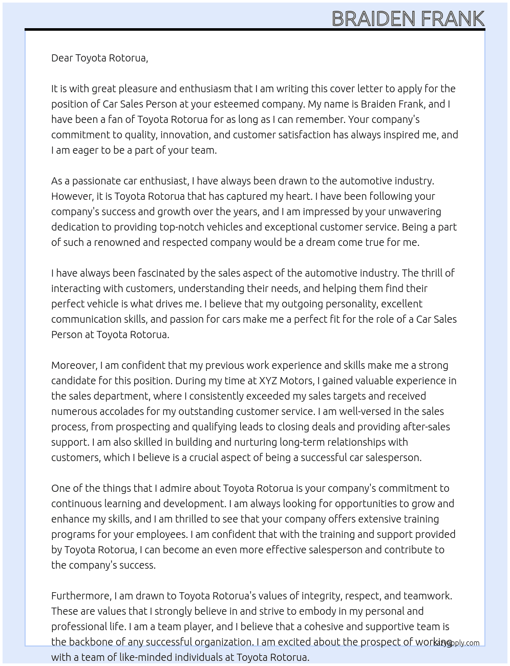 Car sales person At Toyota rotorua  Cover Letter