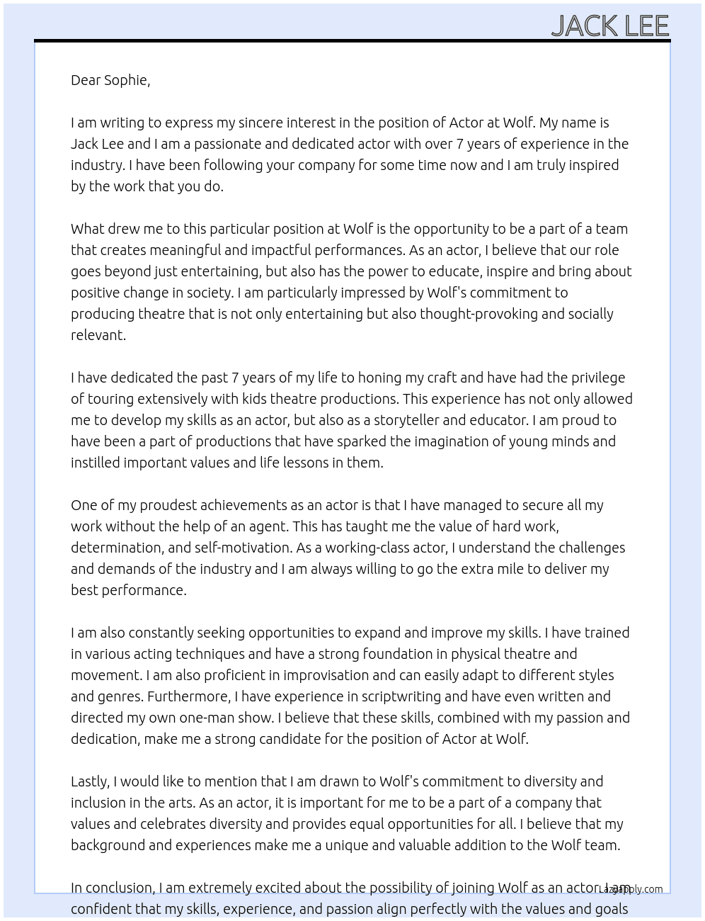 Actor At Wolf Cover Letter