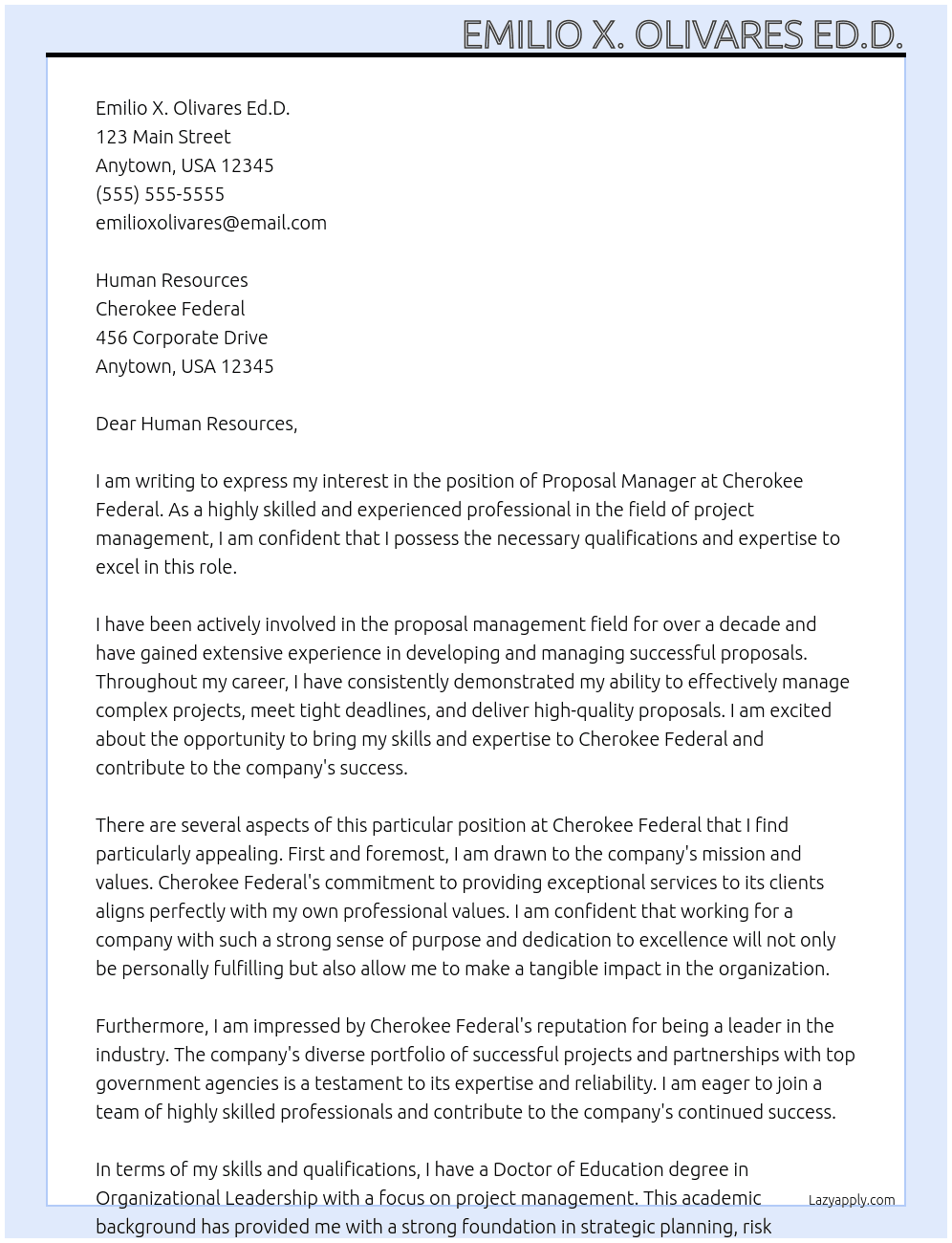 Proposal Manager At Cherokee Federal Cover Letter