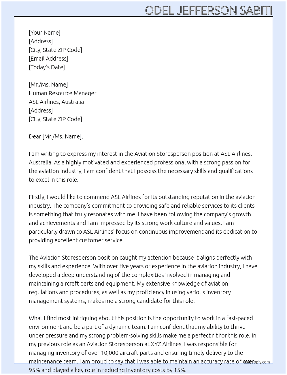Aviation Storesperson At ASL AIRLINES, AUSTRALIA Cover Letter