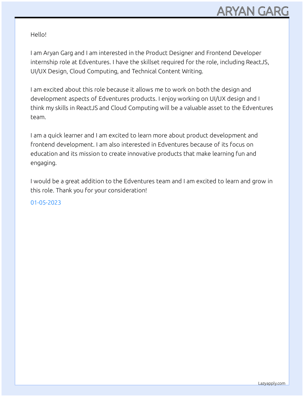 Product Designer and Frontend Developer At Edventures Cover Letter