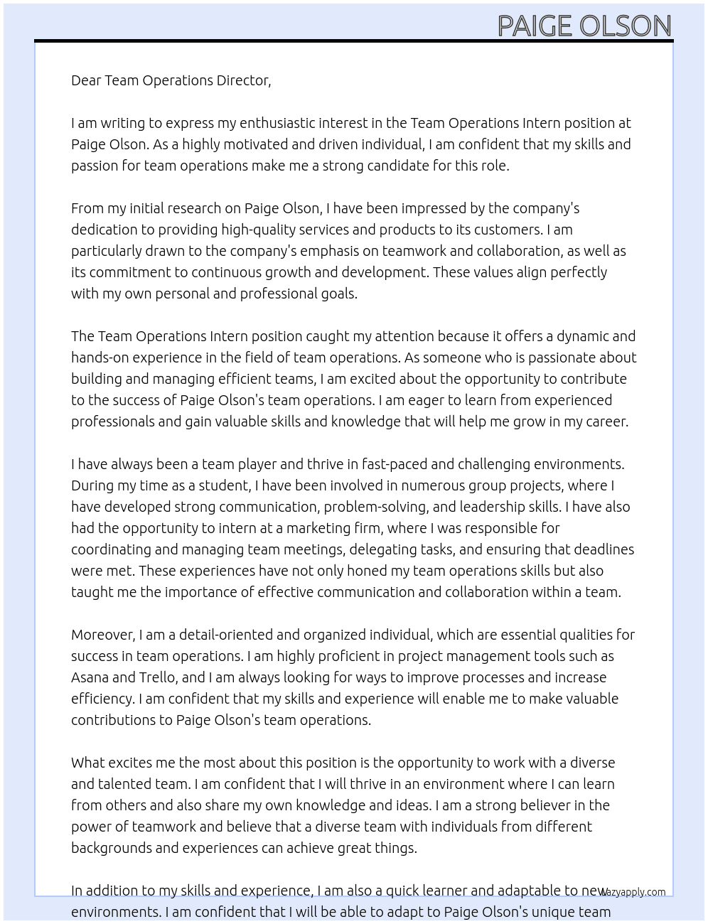 Team Operations Intern     At Paige Olson Cover Letter