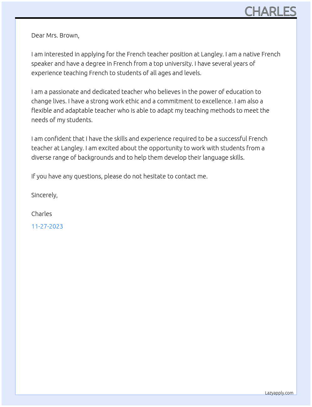 French teacher At Langley Cover Letter