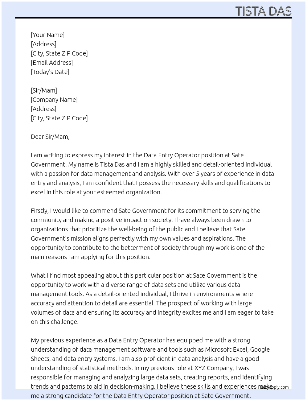 DATA ENTRY OPERATOR At SATE GOVERNMENT Cover Letter
