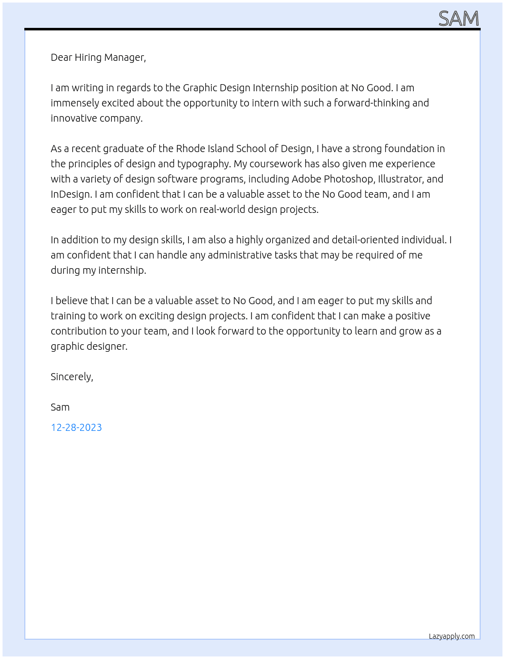 Graphic Design Internship At No Good Cover Letter
