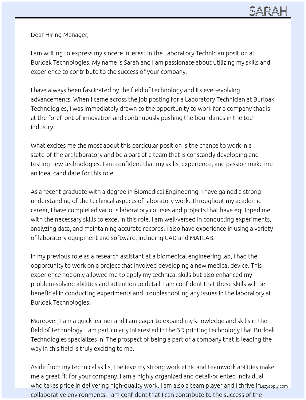 Laboratory Technician At Burloak Technologies Cover Letter