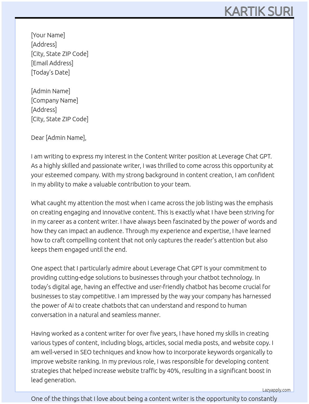 Content Writer At leverage chat gpt Cover Letter