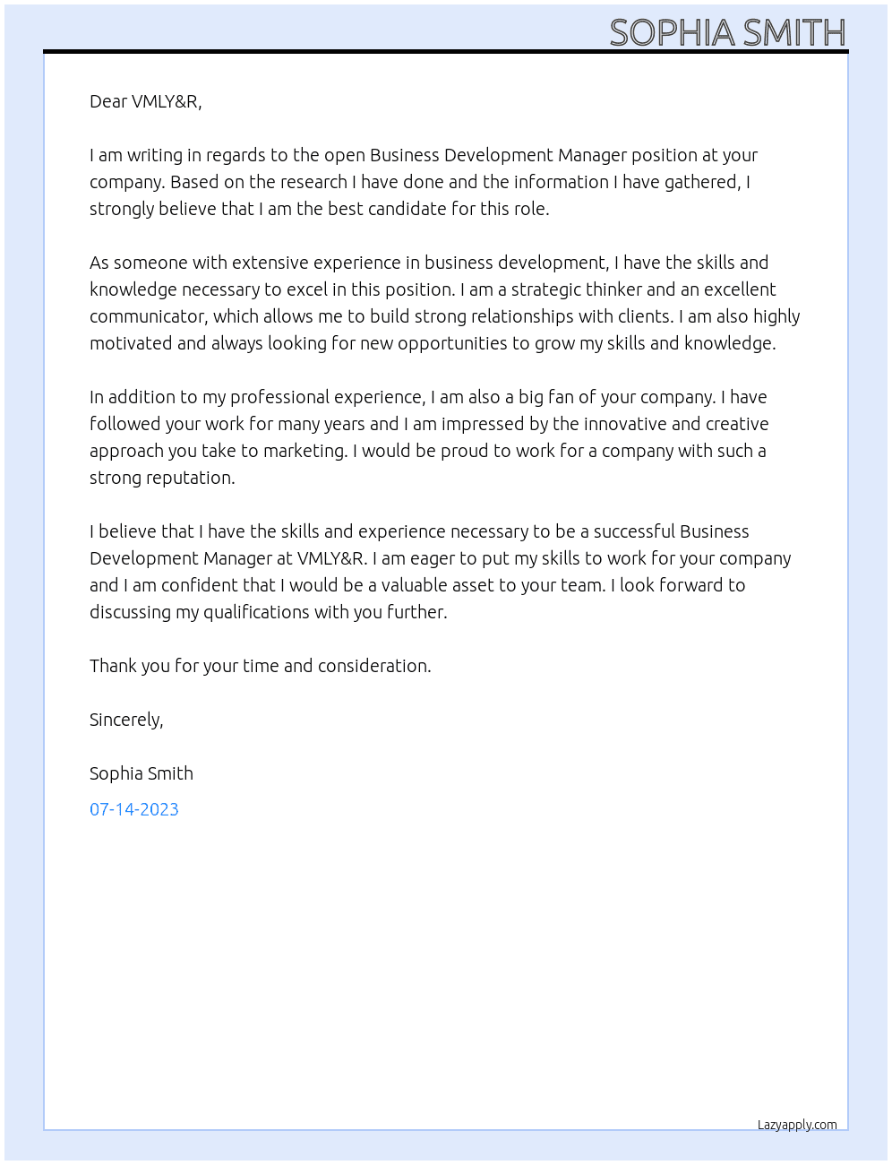 Business Development Manager At VMLY&R Cover Letter