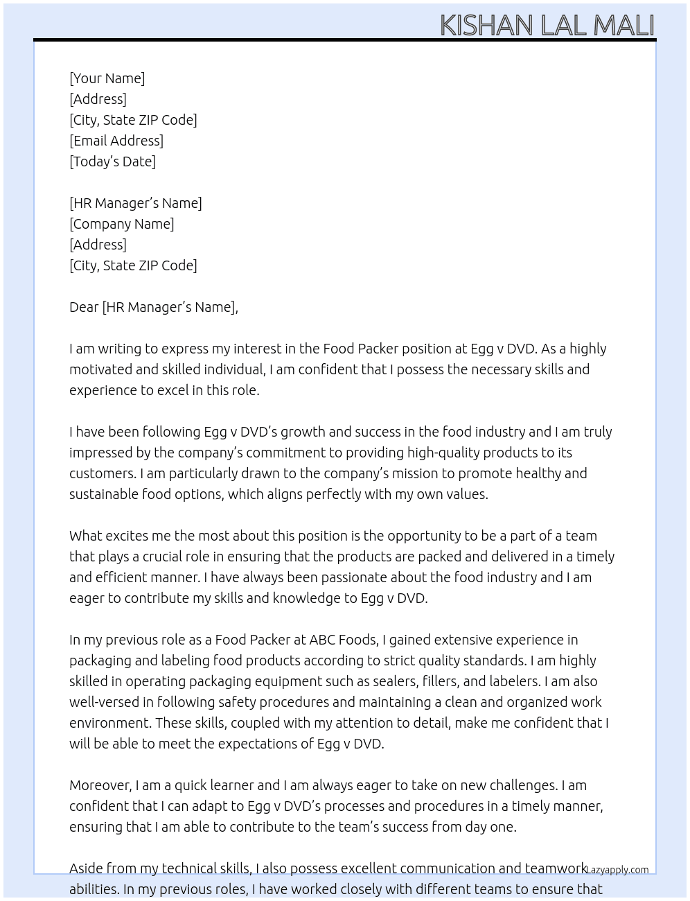 Food packer  At Egg v DVD Cover Letter
