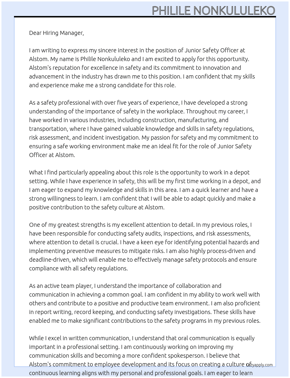 Junior Safety Officer  At Alstom Cover Letter