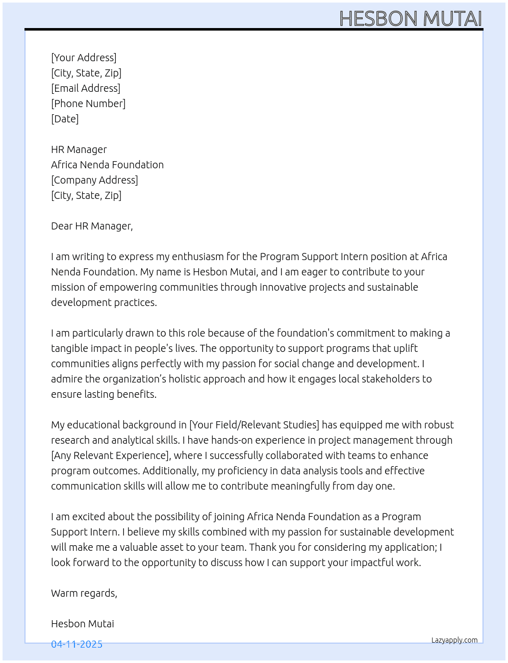 Cover letter for program support intern - LazyApply