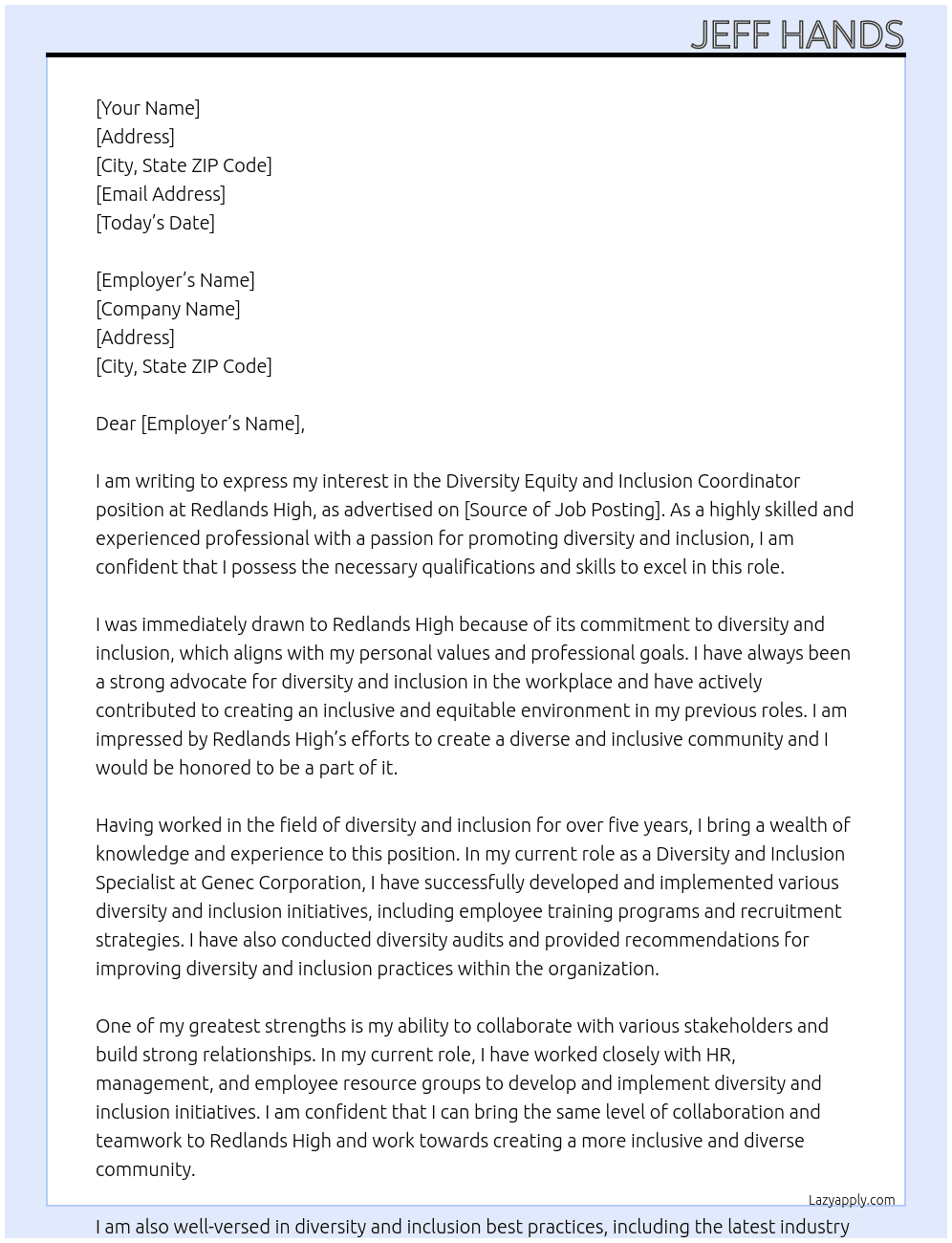 diversity equity and inclusion coordinator At Redlands High Cover Letter