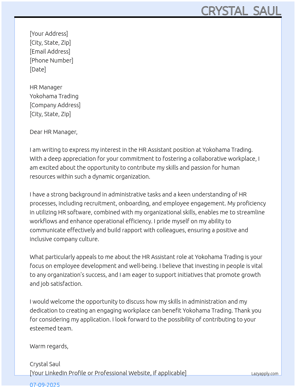 HR assistant  At Yokohama  Trading  Cover Letter