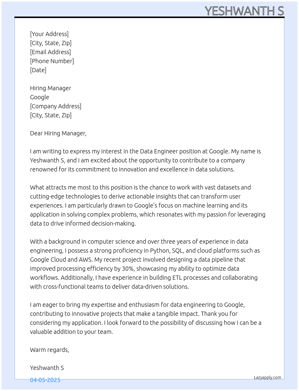Data Engineer At Google Cover Letter