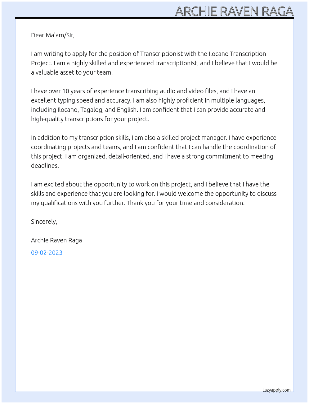 Transcriptionist At Ilocano Transcription Project Cover Letter