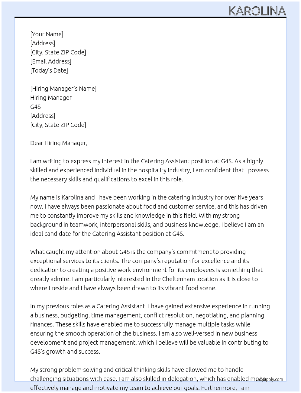CATERING ASSISTANT At 	G4S Cover Letter