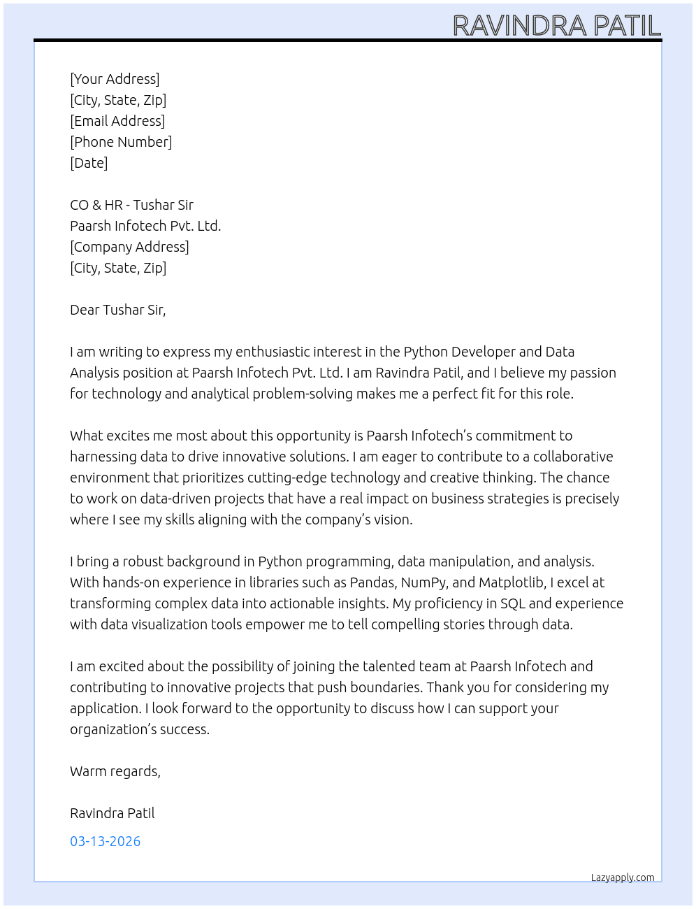 Cover letter for python developer and data analysis - LazyApply
