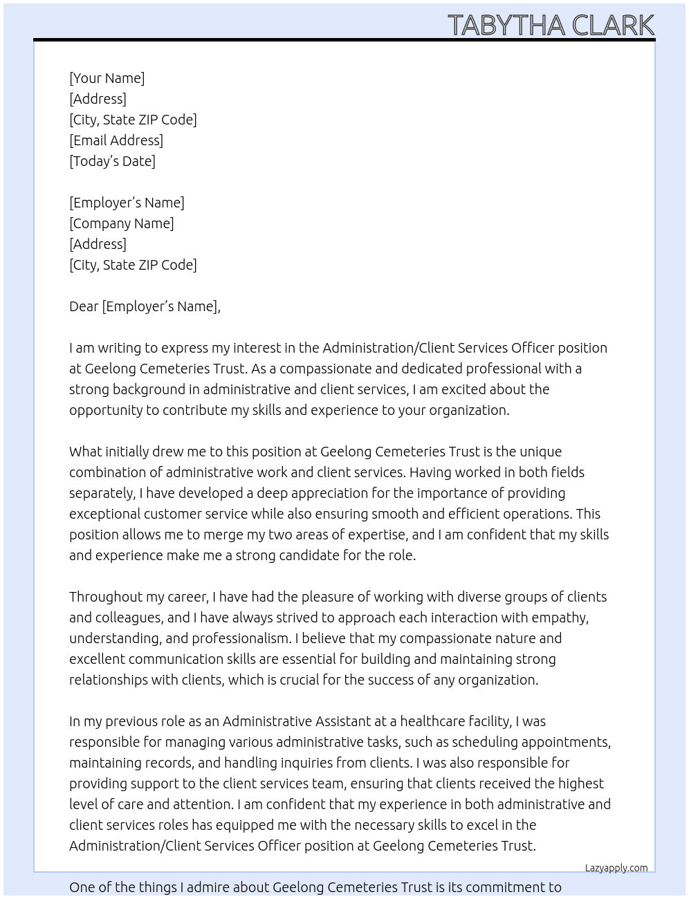 Administration/Client Services Officer At Geelong Cemeteries Trust Cover Letter