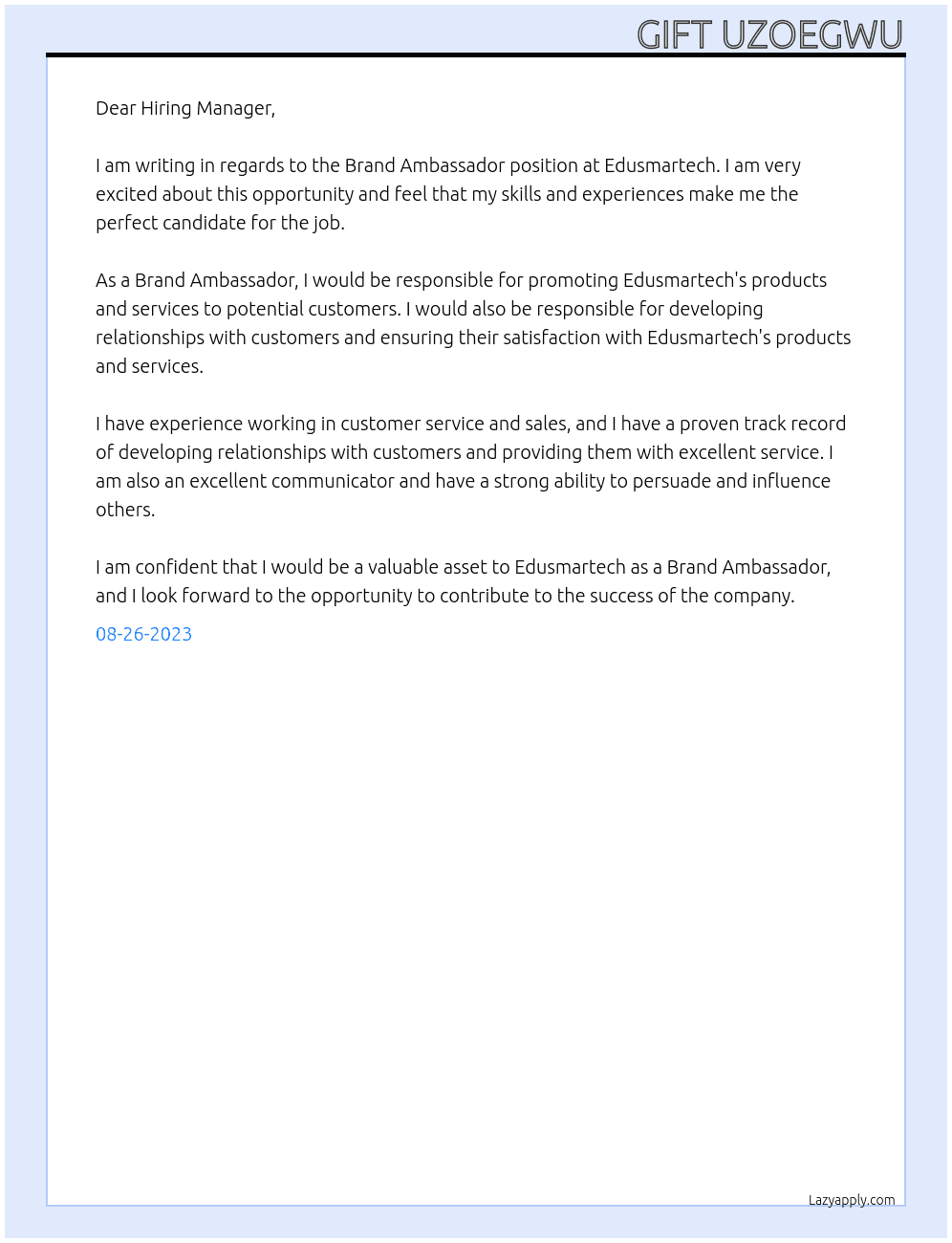 Brand Ambassador  At Edusmartech Cover Letter