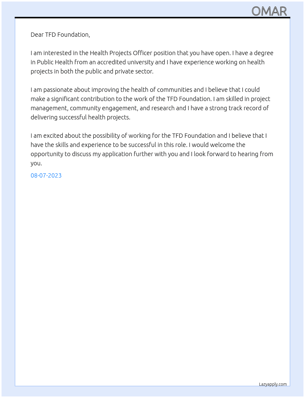 Health Projects Officer At TFD Foundation  Cover Letter