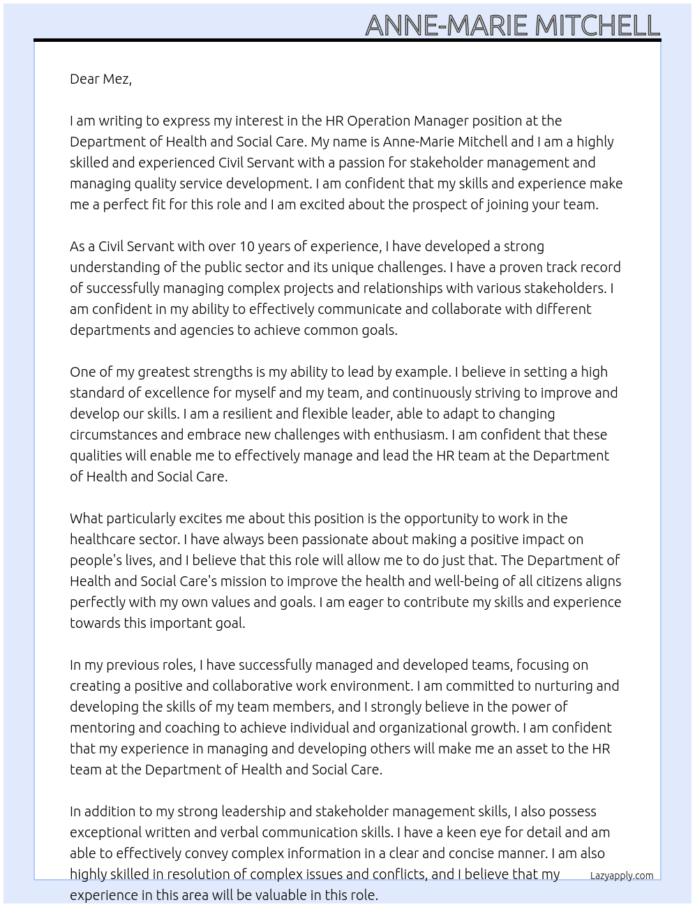 HR operation manager  At Department of health and social care Cover Letter