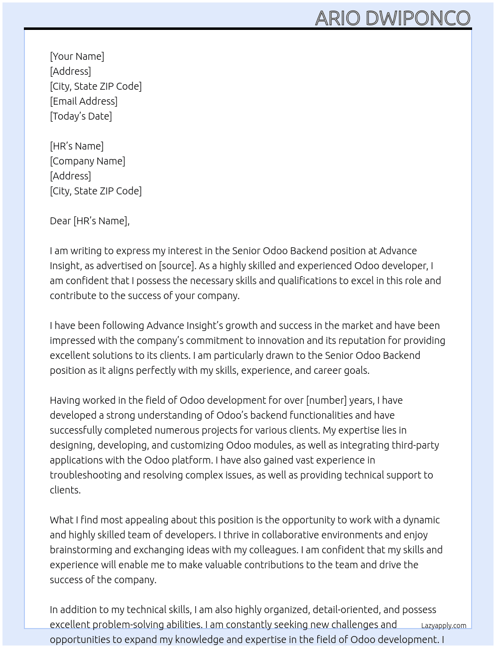 Senior Odoo Backend At Advance Insight Cover Letter