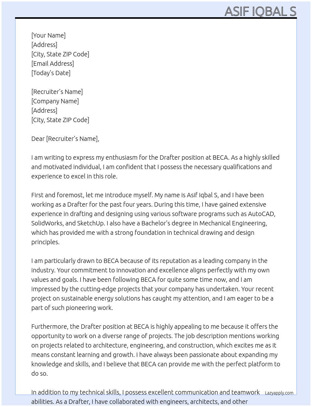 DRAFTER At BECA Cover Letter