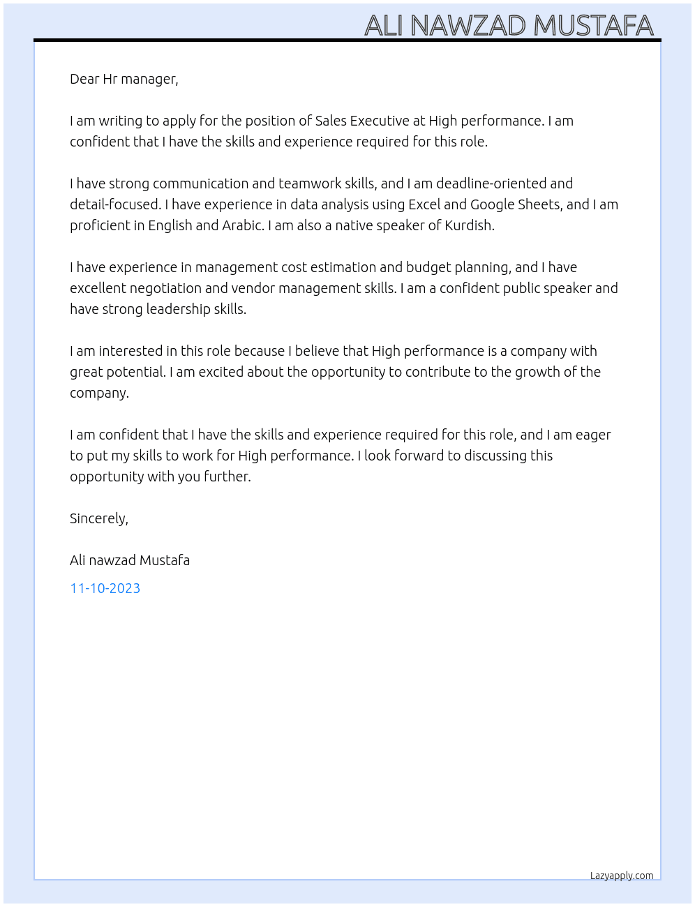 Sales Executive At High performance  Cover Letter