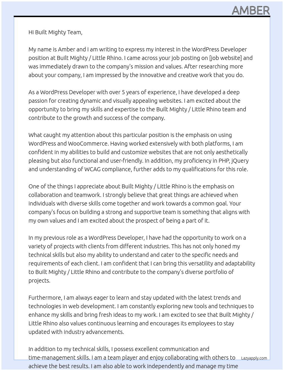WordPress Developer At Built Mighty / Little Rhino Cover Letter