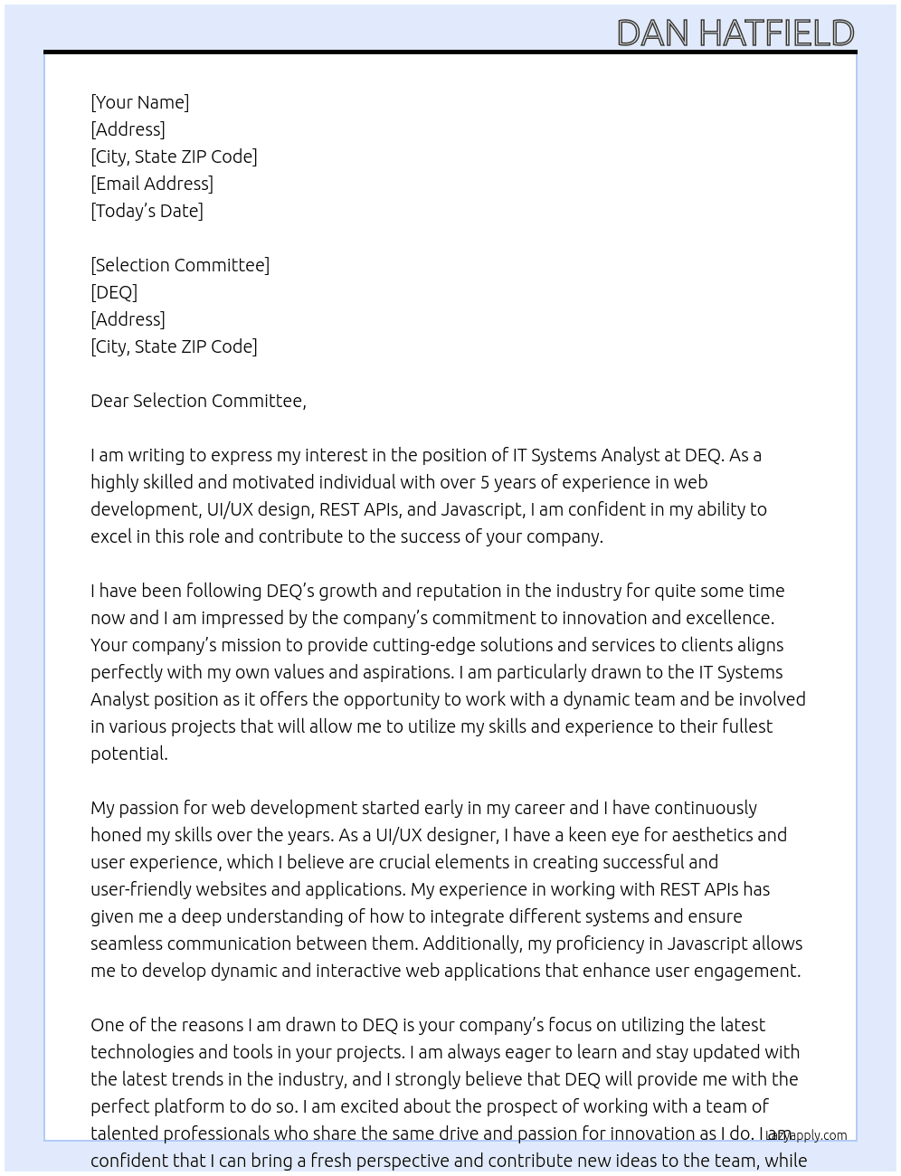 IT Systems Analyst At DEQ Cover Letter