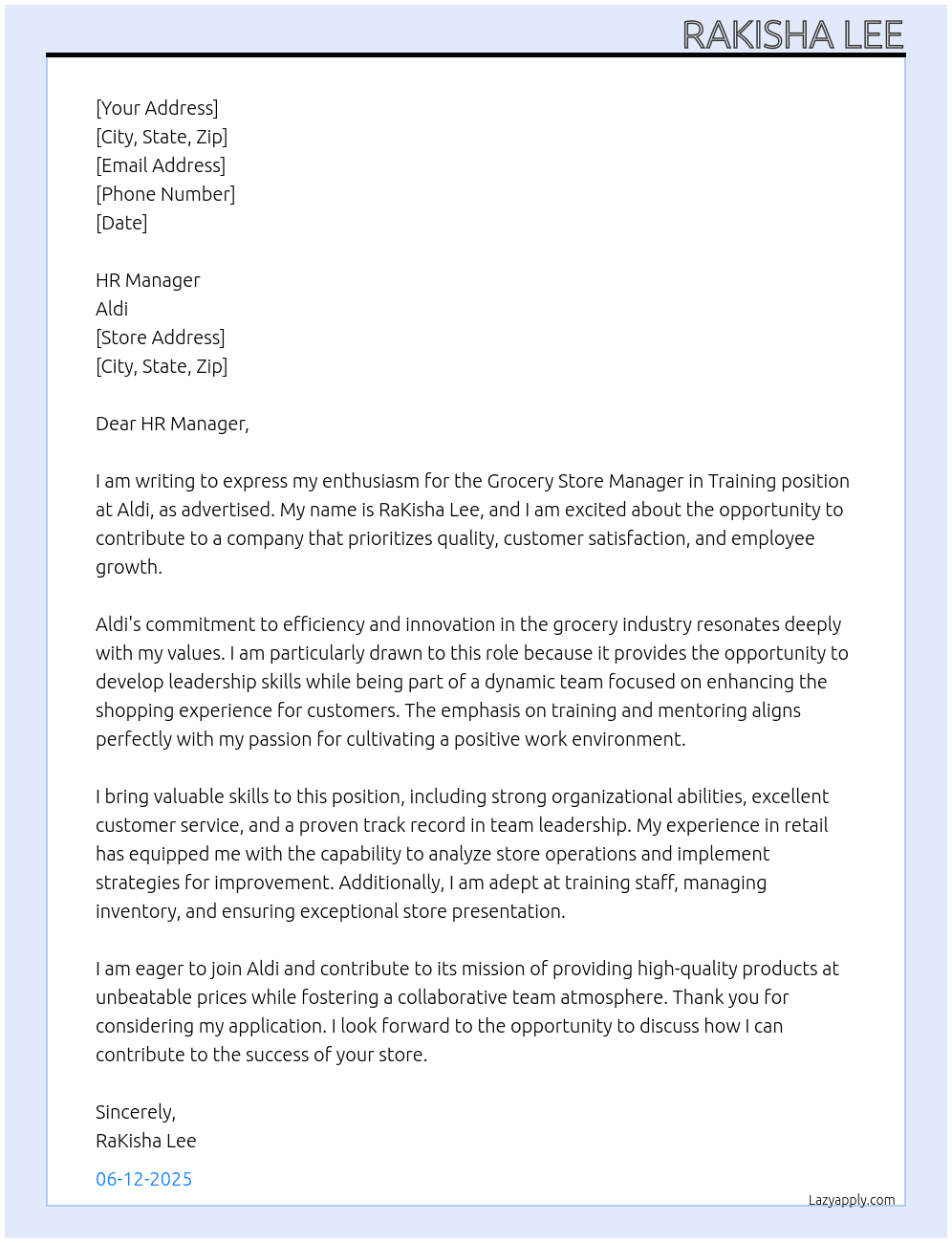 Cover letter for grocery store manager in training - LazyApply