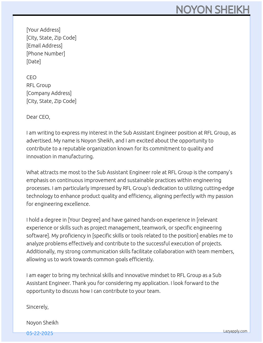 Sub assistant engineer At RFL Group Cover Letter