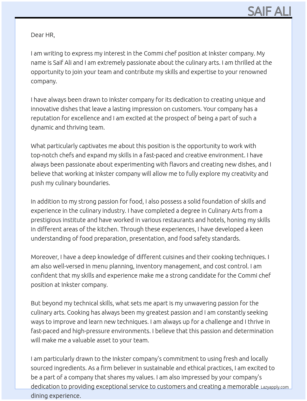 Commi chef  At Inkster company  Cover Letter