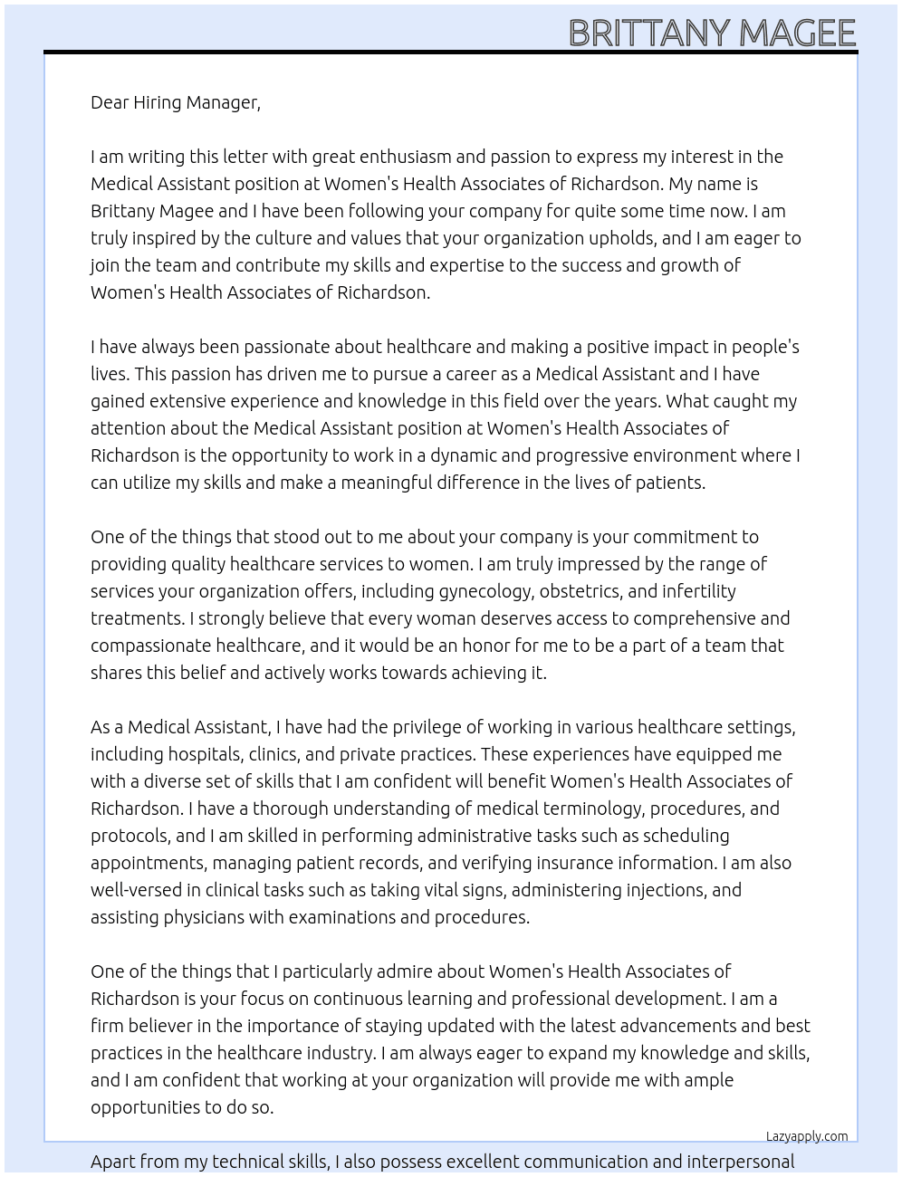 Medical Assistant At Women's Health Associates of Richardson Cover Letter