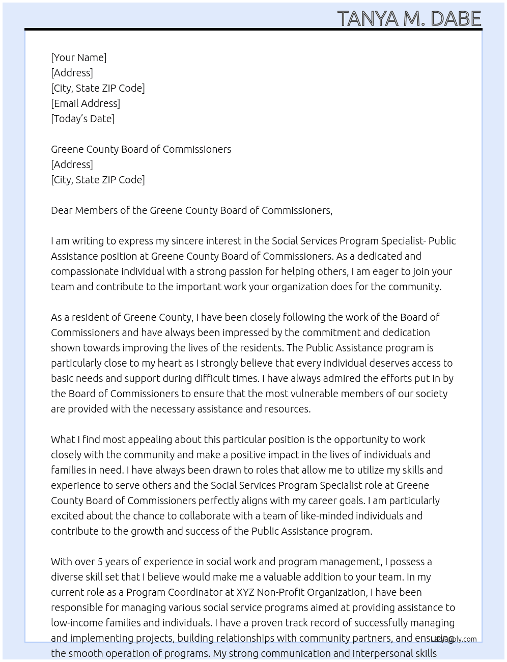 Cover letter for social services program specialist- public assistance - LazyApply