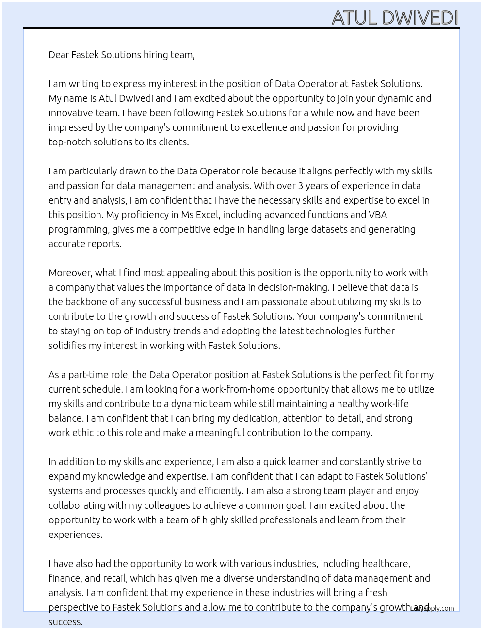 Data Operator At Fastek Solutions Cover Letter